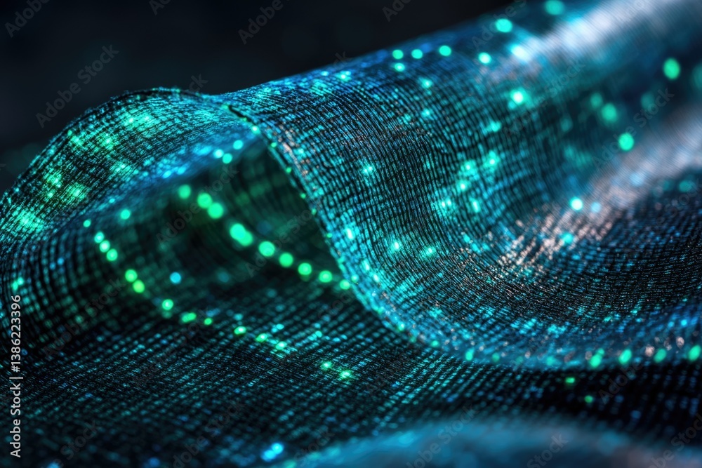 Poster glowing fiber optic fabric with a mesh texture, illuminated in blue and green light creates a futuri