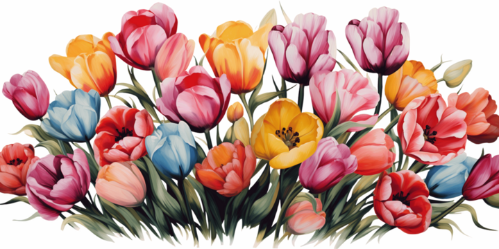 Mixed tulip flower border design with open blooms in coral pink blue yellow purple colors watercolor style botanical illustration