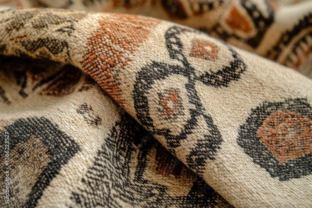 Aufkleber Close-up of textured fabric with ethnic pattern, featuring earth tones and intricate detailing in neutral beige backdrop.