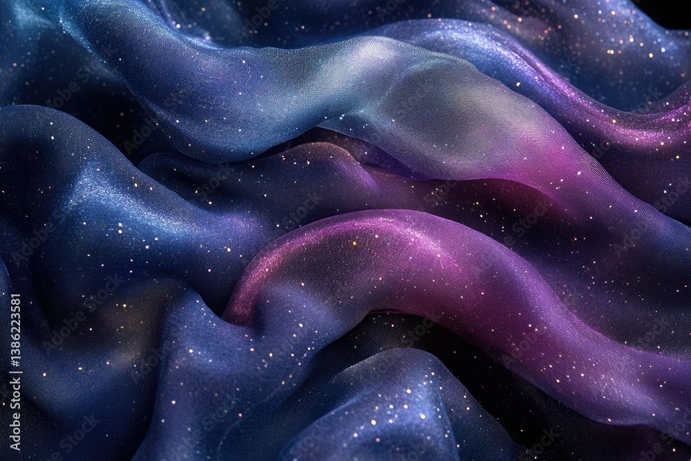 Poster a mesmerizing close-up of flowing fabric, dyed in deep blues and purples, sprinkled with star-like s