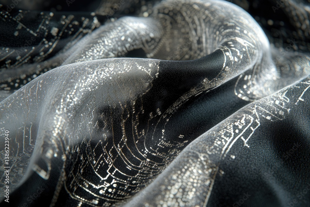 Poster elegant black fabric with intricate silver circuit board pattern, showcasing luxurious draping and m