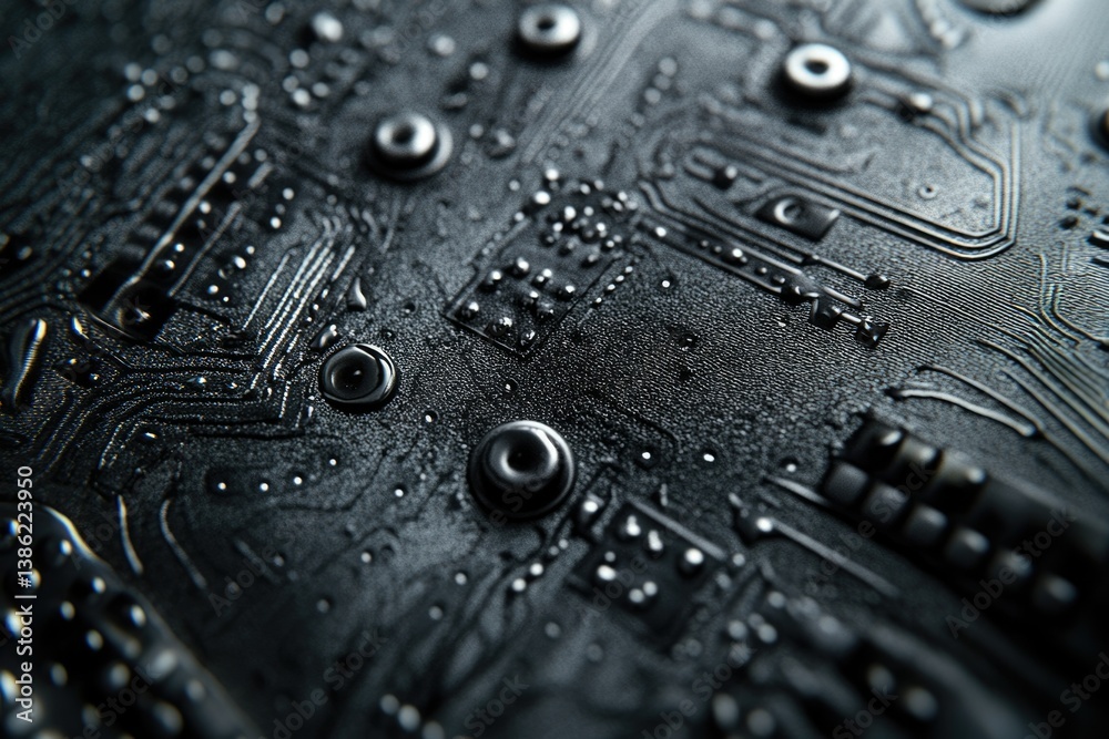 Poster Macro view of a complex black motherboard surface with shiny, detailed circuitry and mounting points for electronic components.