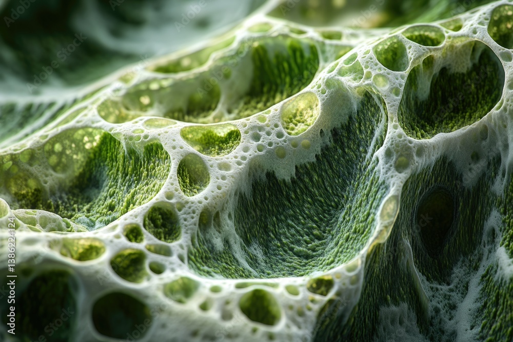 Poster macro shot of a mossy surface with white, foamy texture forming cavities and intricate patterns, cre