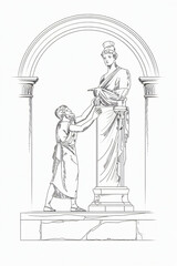Fototapeta premium line drawing of Phidias sculpting a large-scale statue in a Doric workshop, white background