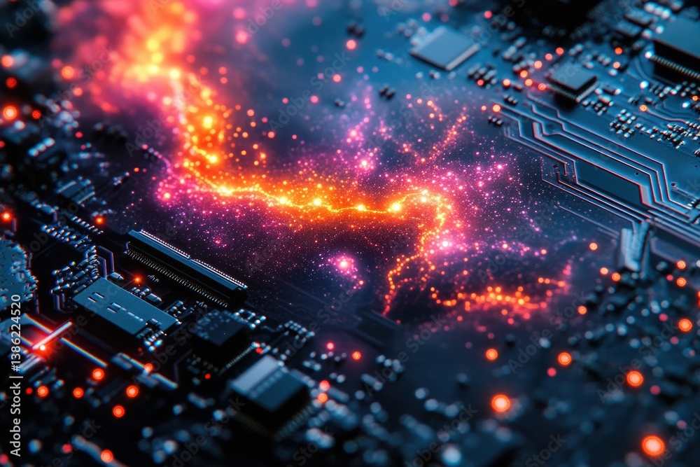 Fototapete A detailed close-up of a circuit board with abstract light patterns representing data flow and technological advancement.