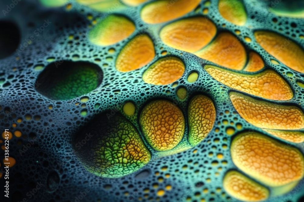 Poster abstract microscopic view with orange and green structures surrounded by small water droplets and da