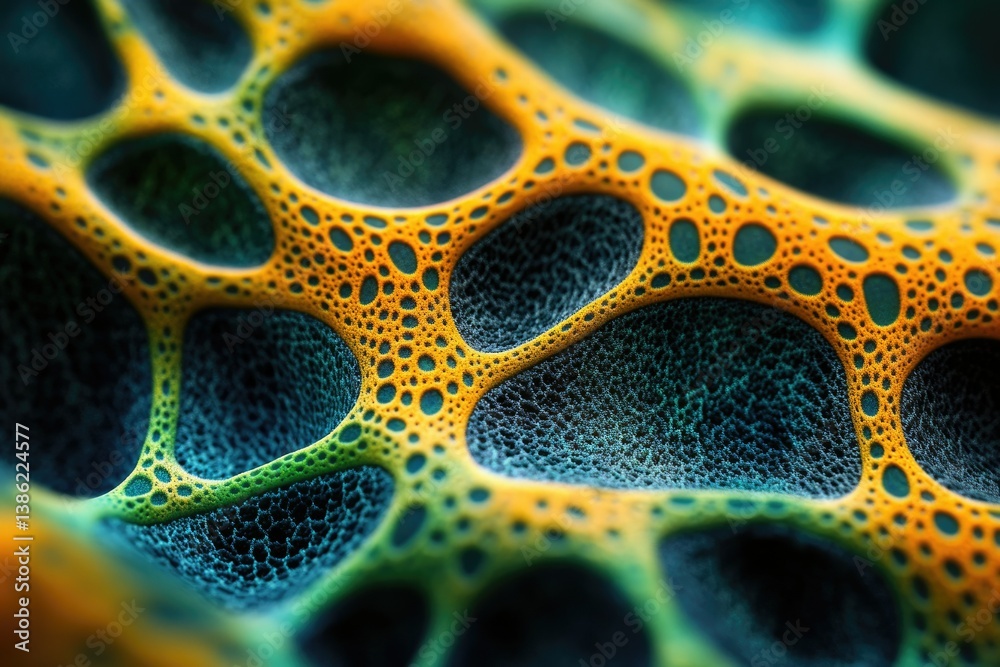 Poster a detailed macro shot displays a porous structure with an organic, cellular appearance in yellow, bl