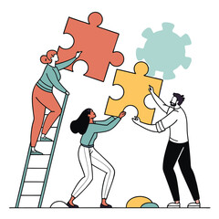 Business Teamwork concept. Contemporary flat style abstract vector illustration of a company of diverse people putting together a huge puzzle details. 