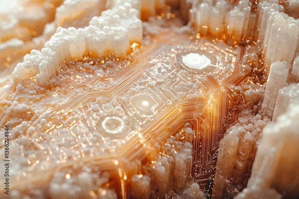 Poster abstract blend of crystal formations intertwining with golden, intricate circuits creating a futuris