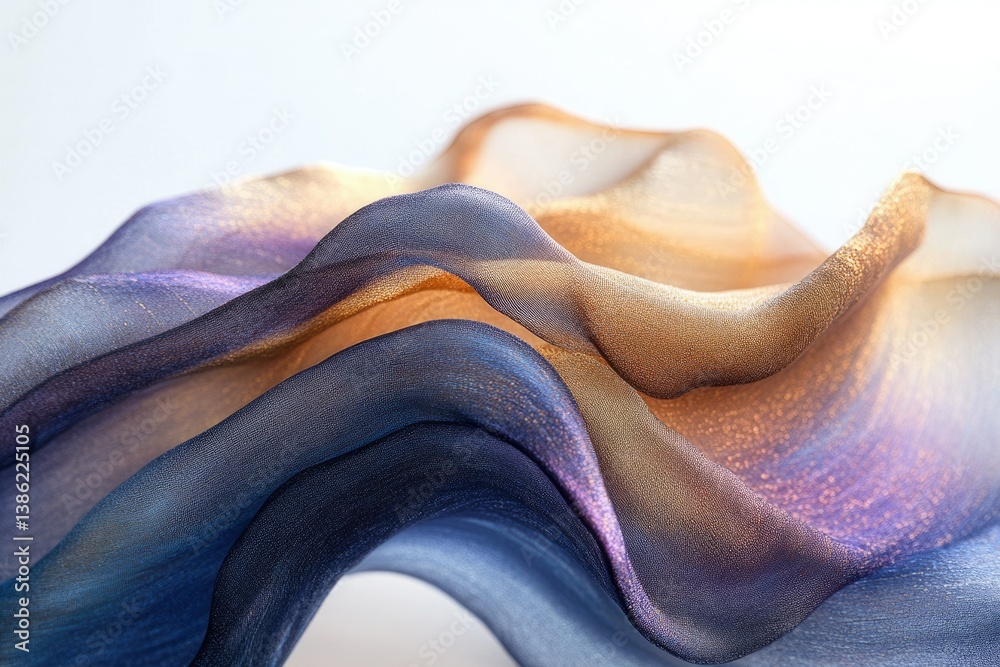 Poster ethereal waves of translucent fabric cascade in hues of blue, gold, and purple, creating a mesmerizi