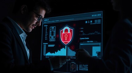 Cybersecurity analysts review data with security shield and lock icon on computer screen in a dark room.