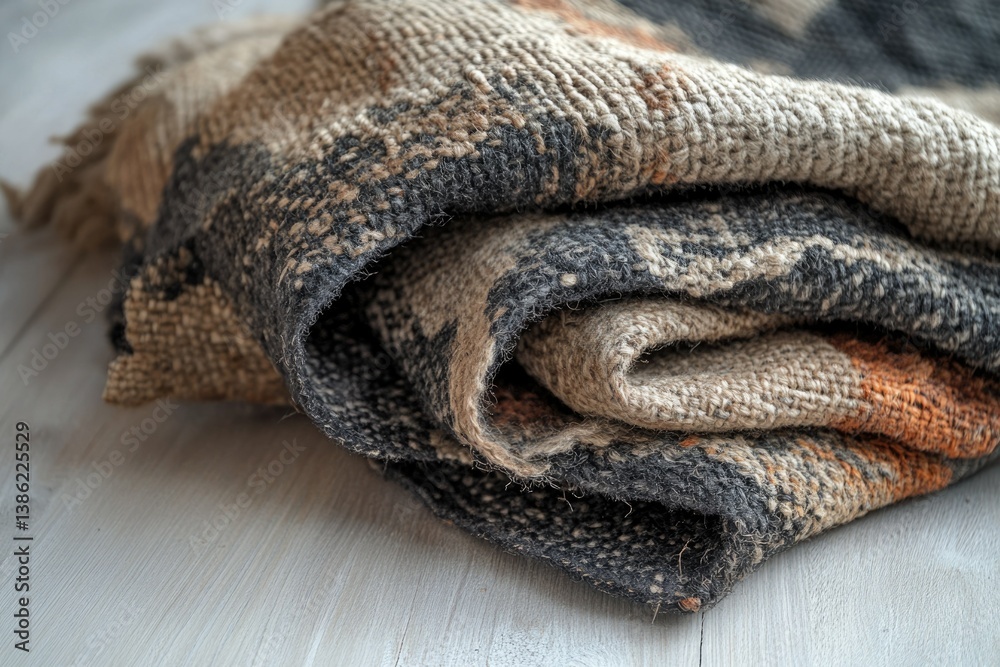 Leinwandbilder a close-up shot of a folded, textured blanket in neutral tones, with patterns and a fringed edge.