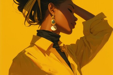 Fototapeta premium Woman in yellow, eyes closed, hand on head, black shirt and earring detail