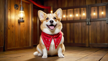 A corgi wearing a miniature cowboy hat and red bandana, sitting inside a wooden saloon with swinging doors behind, rustic wooden floor, glowing oil lamps on the side, cozy and detailed interior
