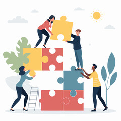 Business Teamwork concept. Contemporary flat style abstract vector illustration of a company of diverse people putting together a huge puzzle details.