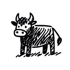 Funny bull icon in naive childish style, black lines on white background