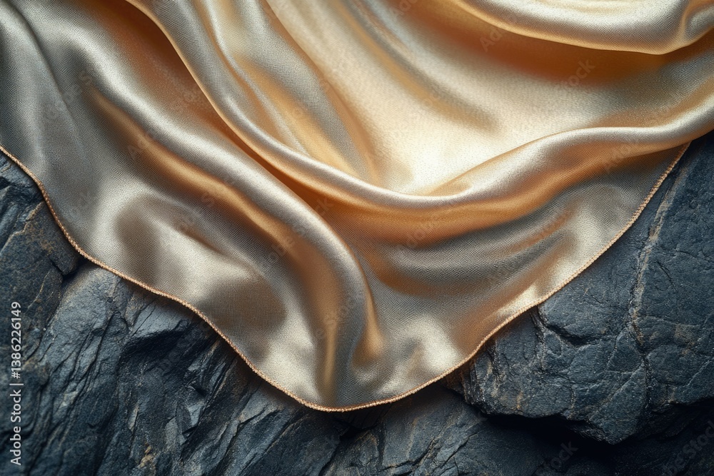 Poster elegant golden silk fabric draped artistically over a rugged, dark stone surface, creating a luxurio