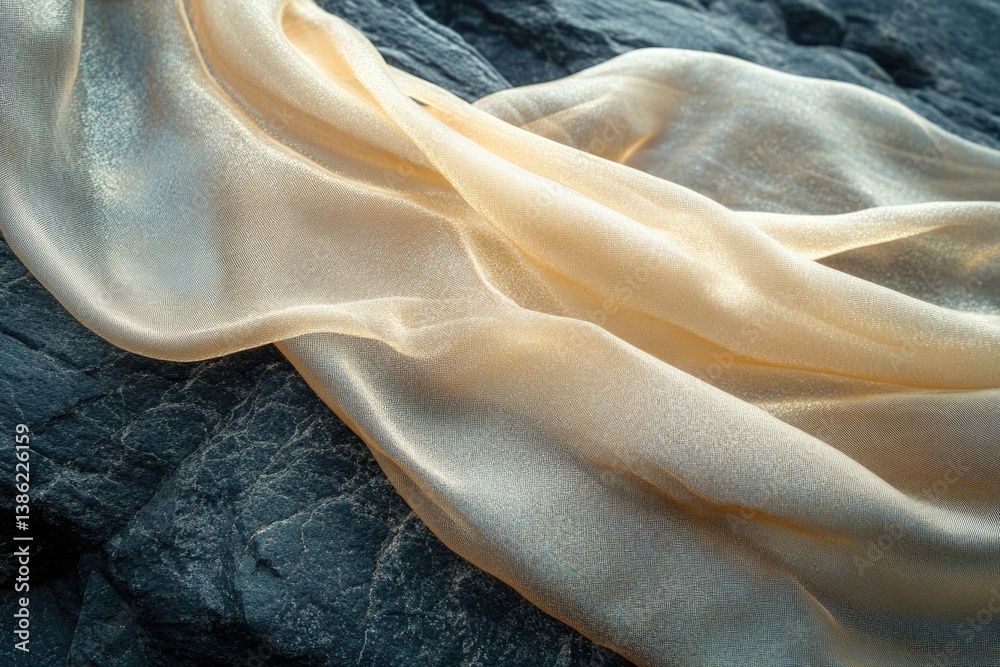 Aufkleber elegant, flowing golden fabric gracefully draped over textured dark rocks, creating a contrast of so
