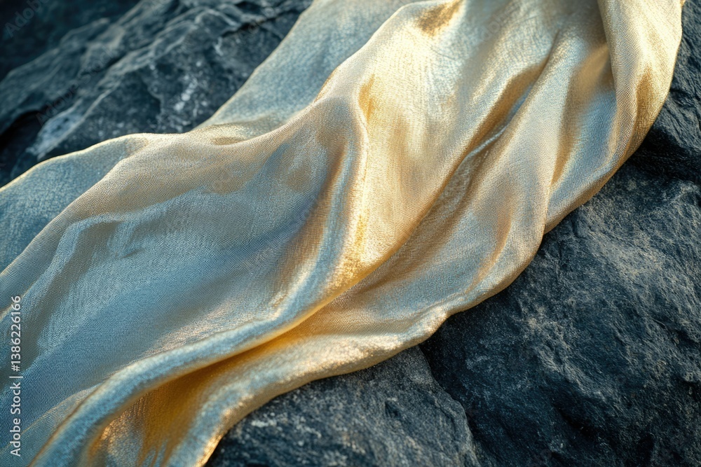 Poster a shimmering golden fabric delicately rests against a rough, dark stone surface, contrasting texture