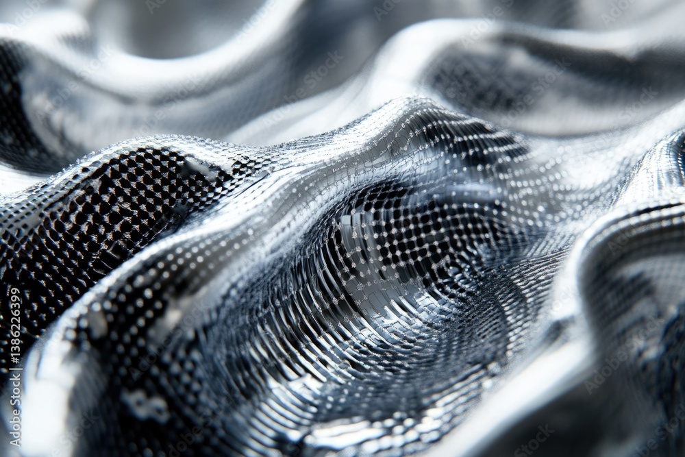 Poster abstract close-up of silver, wavy material with a textured, dotted pattern creating a visually dynam