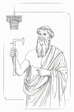 line drawing portrait of Vitruvius holding a caliper and a small Ionic capital model, wearing a Roman toga, white background