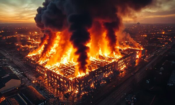 A large industrial building engulfed in flames during a dramatic sunset, showcasing intense fire and smoke