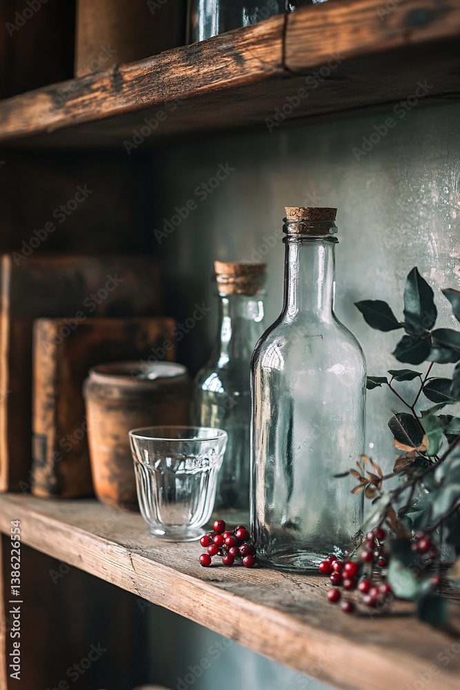 Poster empty glass bottles and drinking glass sitting on rustic shelf with red berries