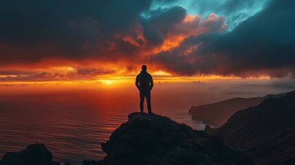 Man silhouette standing on cliff edge watching sunset ocean view landscape photography wallpaper background