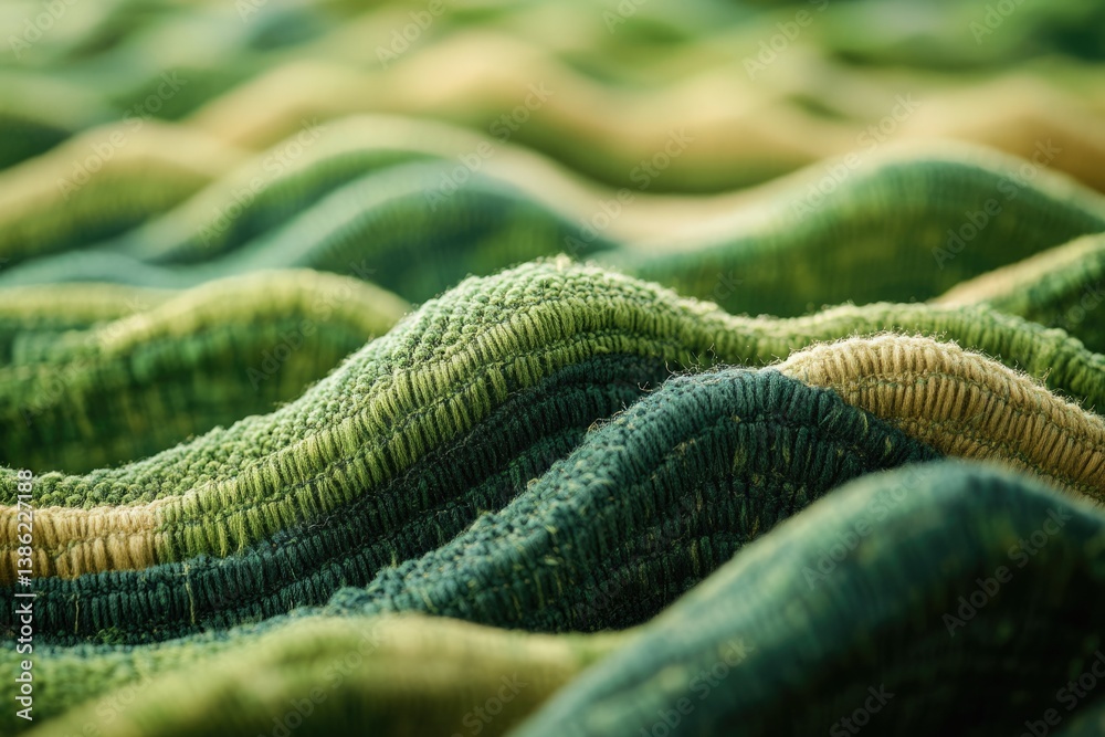 Poster a mesmerizing landscape of rolling hills crafted from intricately textured green and gold fabric evo