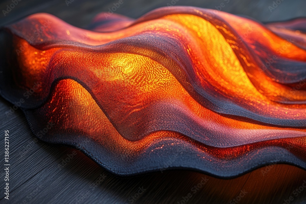 Poster abstract artwork depicting textured, undulating waves of vibrant orange and red hues with a dark edg