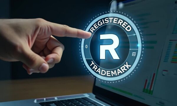Copyright protection concept. Registration or registration for trademark. Businessman using laptop with Register trademark and logo on virtual screen.