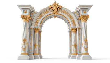 Naklejka premium Antique arch with richly decorated snow-white columns with golden stucco isolated on white background, wedding mood, wedding venue for ceremony