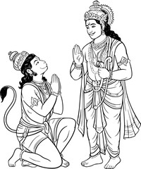 Hanuman and Lord Ram in a Traditional Indian Style Illustration