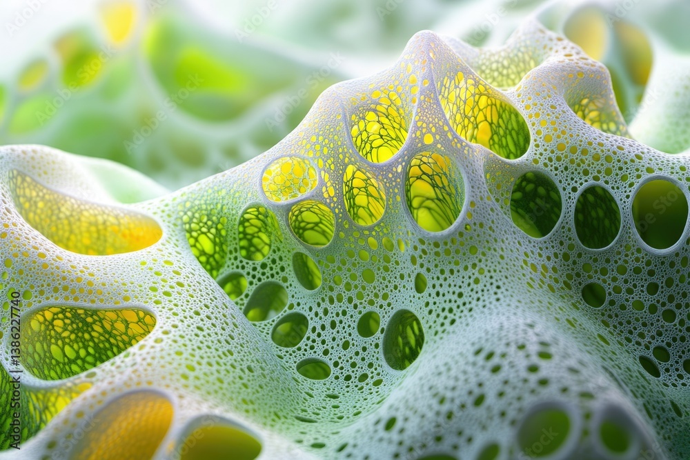 Poster intricate, porous, foam-like structure with green and yellow hues, resembling a complex organic netw