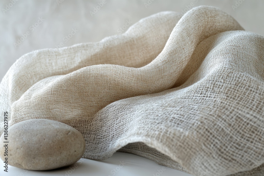 Poster a smooth stone rests beside a draped, textured linen fabric in a soft, neutral color palette.