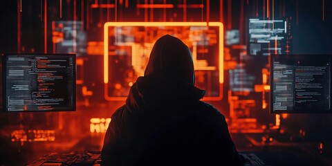 cybersecurity threat concept featuring hooded hacker surrounded by glowing red code and multiple dark web monitors