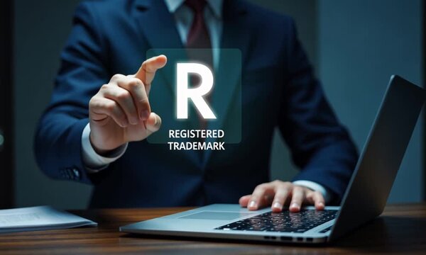 Copyright protection concept. Registration or registration for trademark. Businessman using laptop with Register trademark and logo on virtual screen.