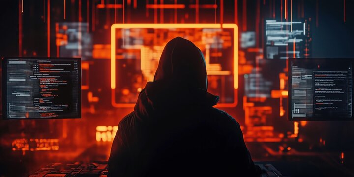 cybersecurity threat concept featuring hooded hacker surrounded by glowing red code and multiple dark web monitors