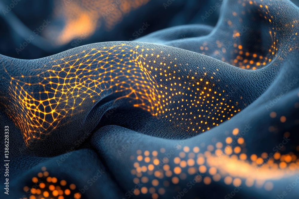 Poster Abstract depiction of flowing fabric illuminated with glowing nodes and network connections, a futuristic, technological aesthetic.