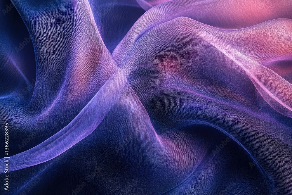 Poster an abstract, close-up image showcases elegant folds of sheer fabric in hues of purple, pink, and blu