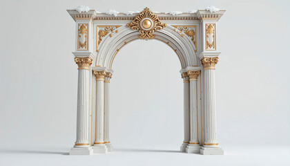 Naklejka premium Antique arch with richly decorated snow-white columns with golden stucco isolated on white background, wedding mood, wedding venue for ceremony