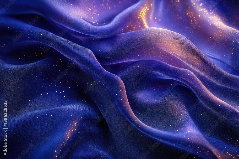 Poster abstract image of flowing, shimmering fabric in shades of blue and purple, scattered with tiny, glit