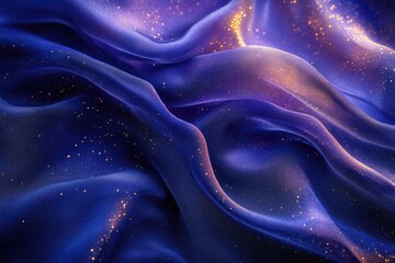 Obraz premium Abstract image of flowing, shimmering fabric in shades of blue and purple, scattered with tiny, glittering golden highlights and subtle light.