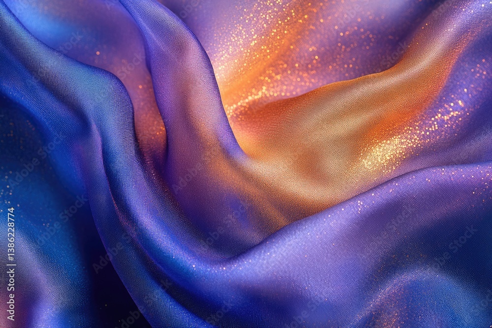 Poster elegant waves of shimmering silk fabric in a blend of blue, purple, and golden hues creating a soft,