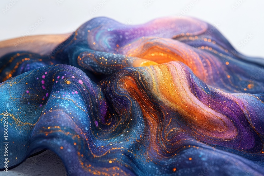 Aufkleber abstract fabric with galaxy-like swirls and glitter, showcasing vibrant cosmic colors in a textured 