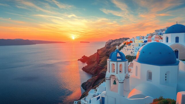 Sunset over Oia, Santorini: A breathtaking view of the Aegean Sea and iconic blue-domed churches.