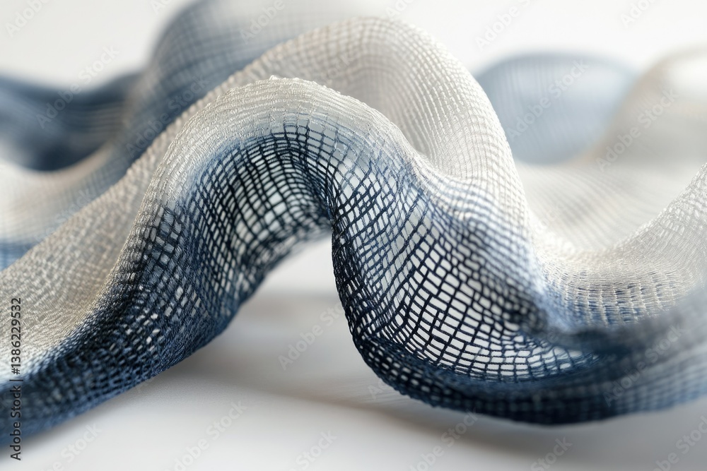 Poster Delicate blue and white mesh fabric draped elegantly, creating soft curves and interesting light and shadow patterns.