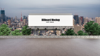 Blank billboard mockup with city skyline background..