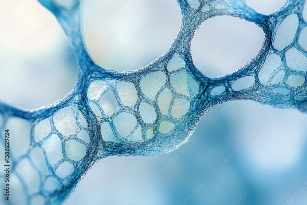 Poster A captivating close-up showcases an interconnected network of blue, cell-like structures against a blurred, light background, hinting at microscopic biological systems.