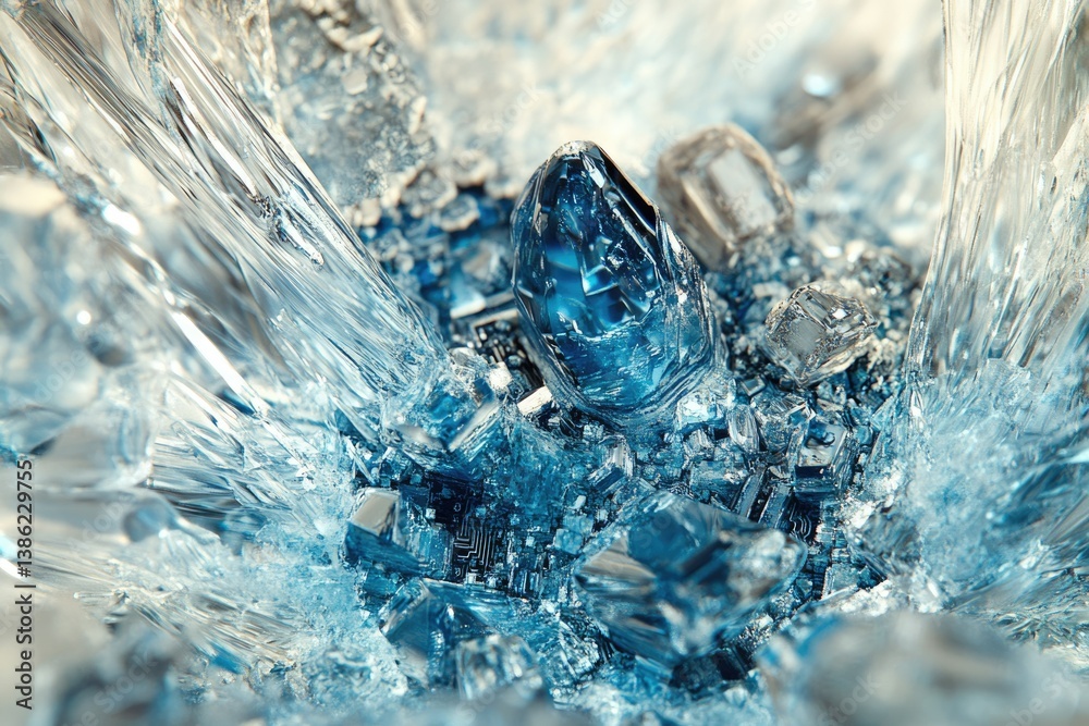 Poster a macro shot of blue and clear crystals with sharp, reflective surfaces creating a mesmerizing cryst